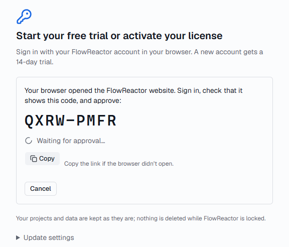 The activation screen showing a code such as QXRW-PMFR, Waiting for approval, a copy-link button and Cancel