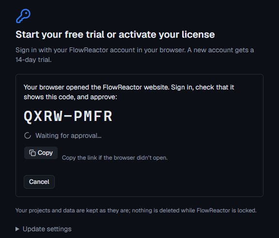 The activation screen showing a code such as QXRW-PMFR, Waiting for approval, a copy-link button and Cancel