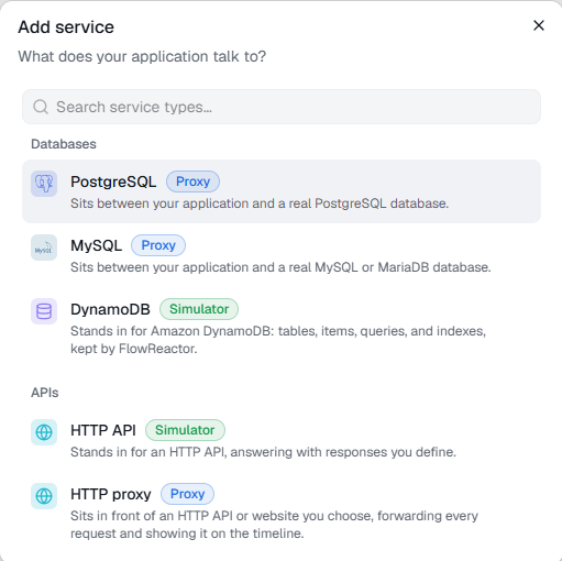 The Add service dialog listing service types under Databases and APIs, each marked Proxy or Simulator