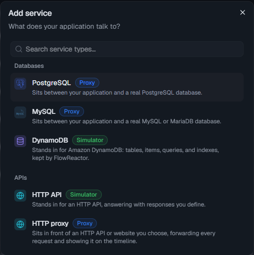 The Add service dialog listing service types under Databases and APIs, each marked Proxy or Simulator