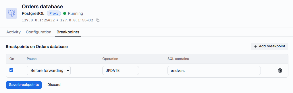 The Breakpoints tab with one breakpoint that pauses UPDATE queries containing orders, before forwarding