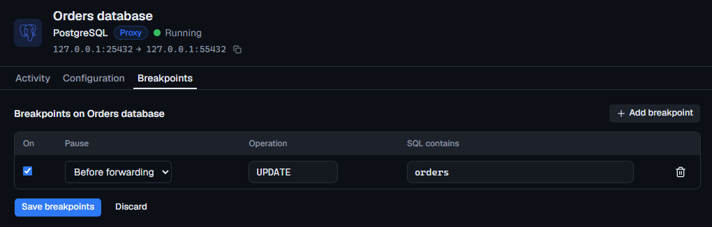 The Breakpoints tab with one breakpoint that pauses UPDATE queries containing orders, before forwarding
