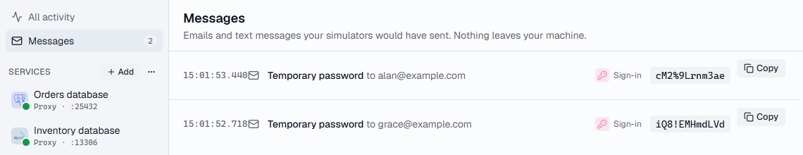 Messages listing two temporary passwords sent to new users, each with its code and a copy button