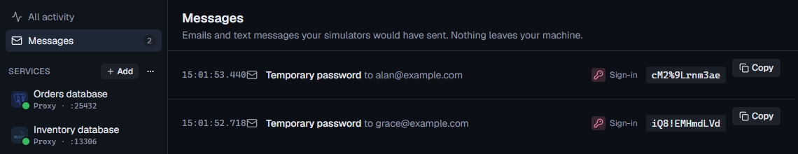Messages listing two temporary passwords sent to new users, each with its code and a copy button