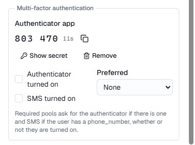 The Authenticator app section of a user, showing the current six-digit code, its countdown and a copy button