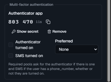 The Authenticator app section of a user, showing the current six-digit code, its countdown and a copy button