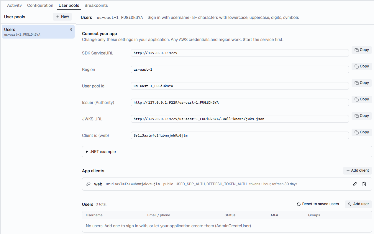 The User pools tab with a pool's connection details, app clients and users