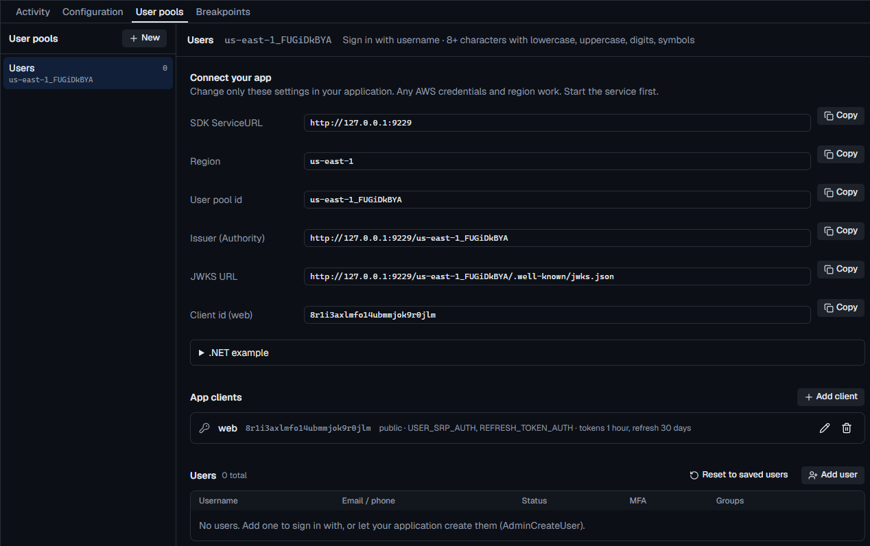 The User pools tab with a pool's connection details, app clients and users