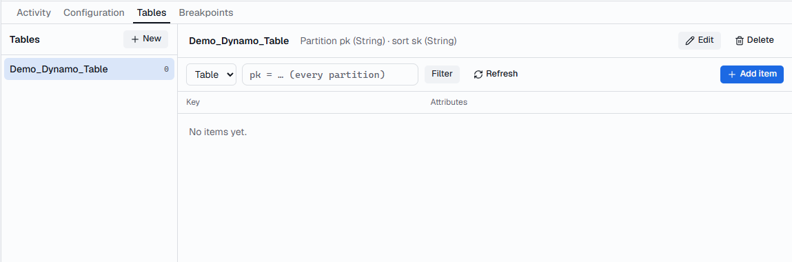 The Tables tab with one table selected, showing its keys, the filter box and Add item
