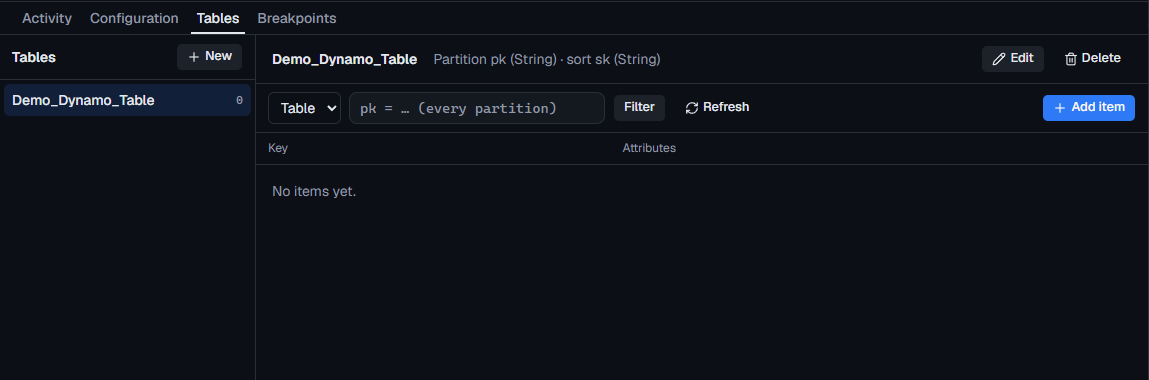 The Tables tab with one table selected, showing its keys, the filter box and Add item