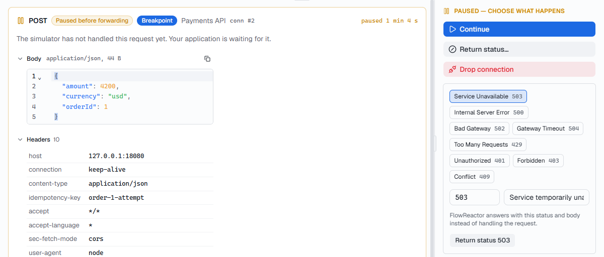 A paused POST /payments with Return status open and 503 Service Unavailable chosen