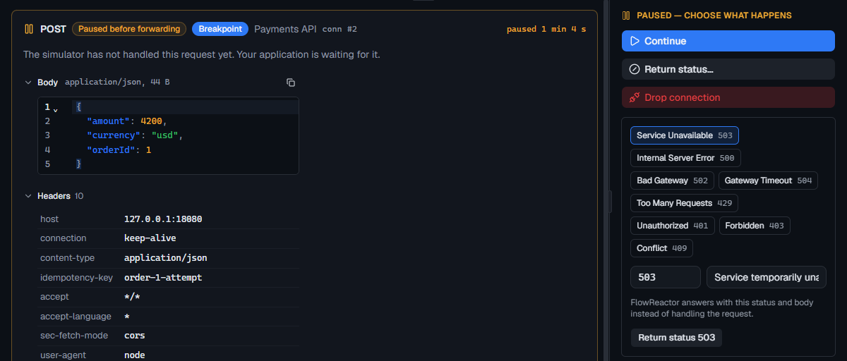 A paused POST /payments with Return status open and 503 Service Unavailable chosen