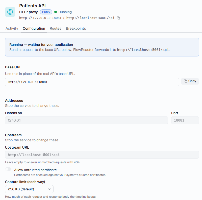 The HTTP proxy Configuration tab with its base URL, listen address and upstream URL