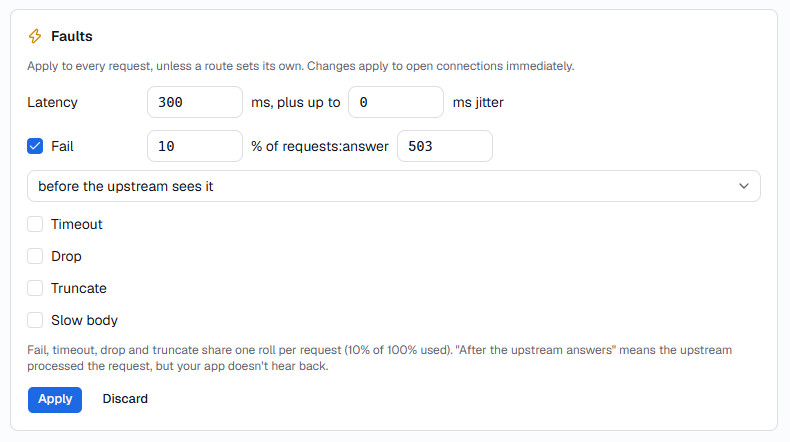 Service faults with 300 ms latency and Fail answering 503 for 10% of requests, before the upstream sees them