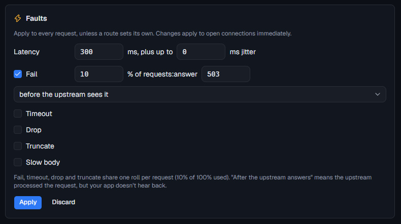 Service faults with 300 ms latency and Fail answering 503 for 10% of requests, before the upstream sees them