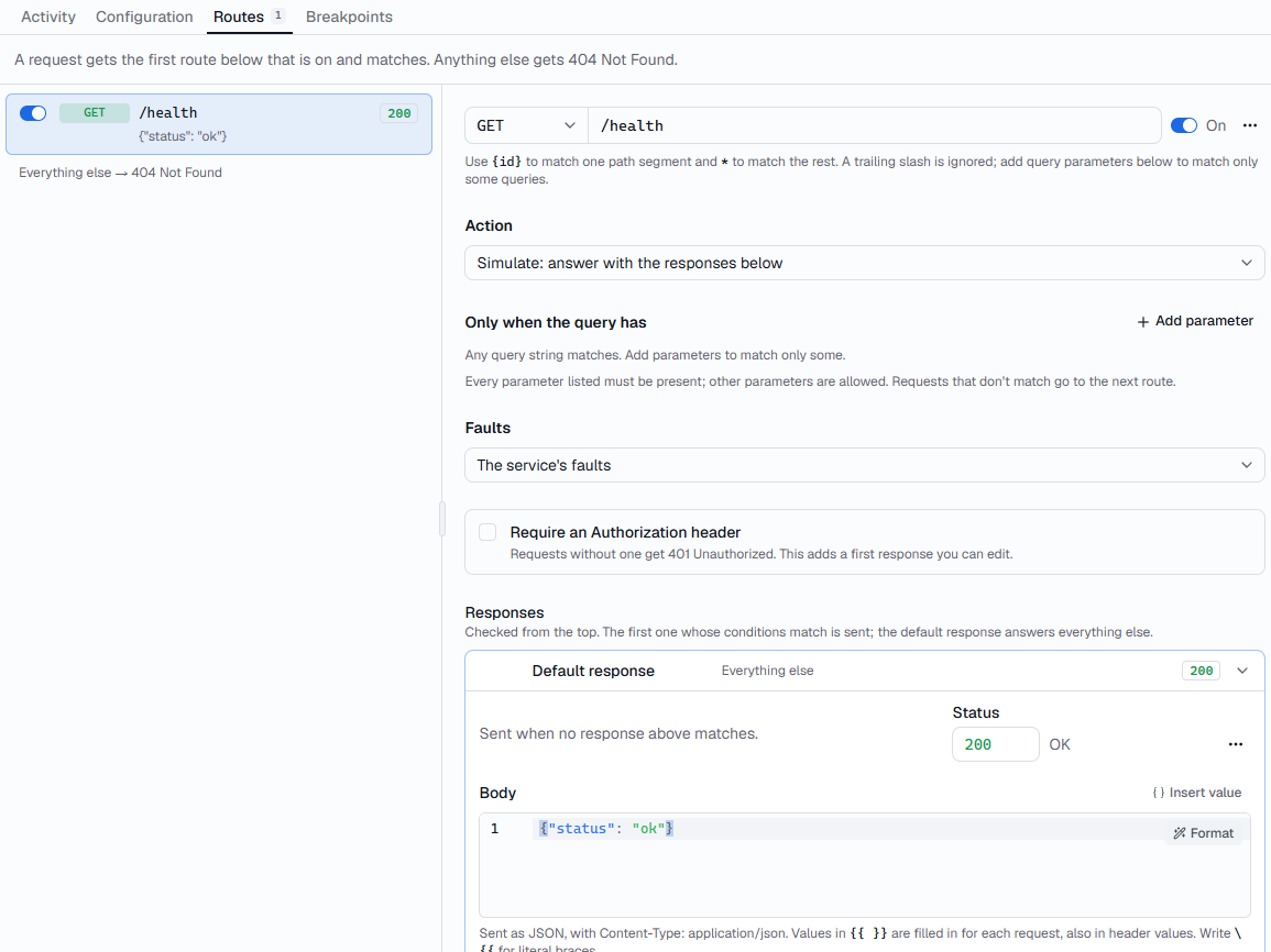 The Routes tab with the GET /health route selected, showing its path, action, faults and default response