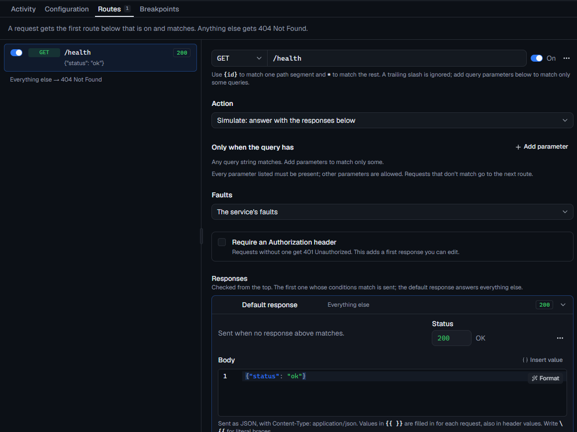 The Routes tab with the GET /health route selected, showing its path, action, faults and default response