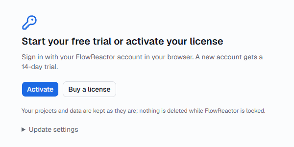 The first-launch screen, Start your free trial or activate your license, with Activate and Buy a license