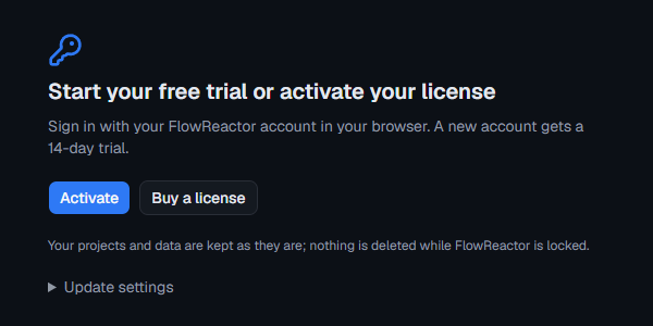 The first-launch screen, Start your free trial or activate your license, with Activate and Buy a license