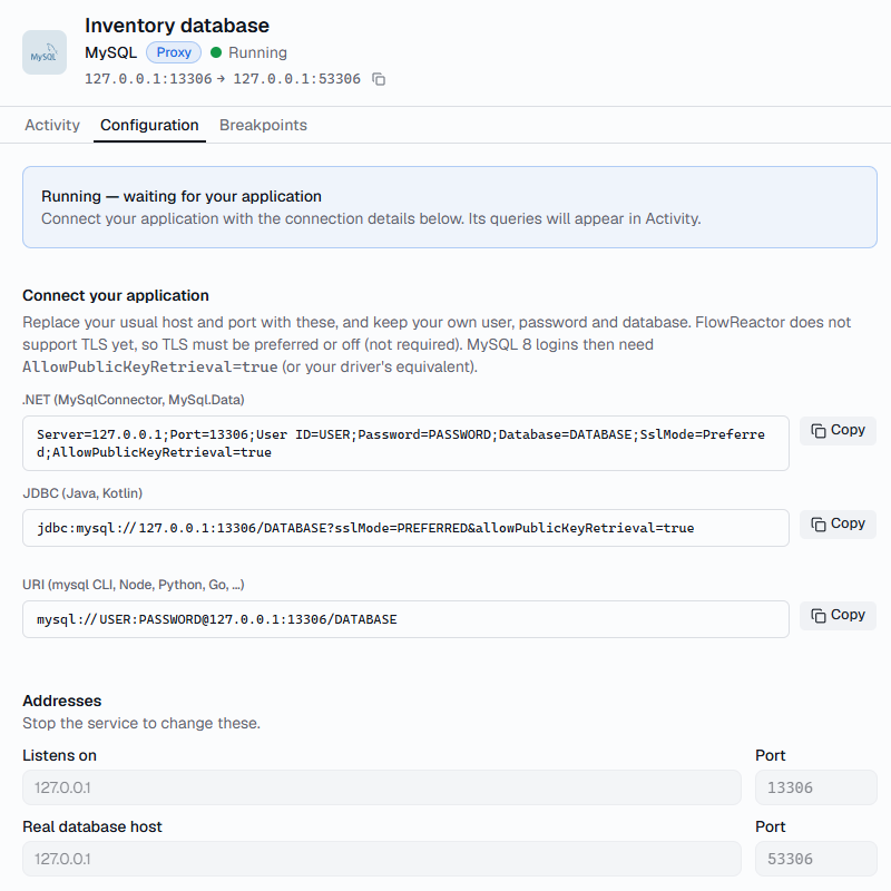 The MySQL proxy Configuration tab with .NET, JDBC and URI connection strings and the proxy addresses