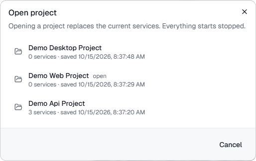 The Open project dialog listing three saved projects, with the open one marked open