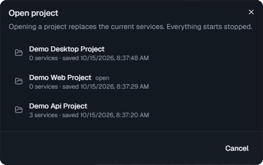 The Open project dialog listing three saved projects, with the open one marked open