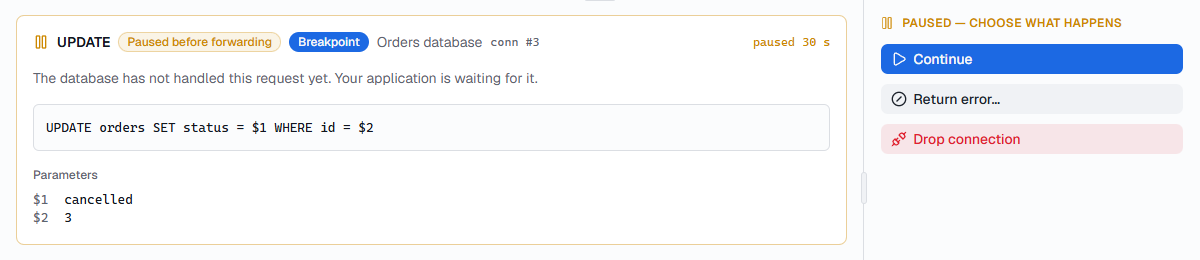 A paused UPDATE showing its SQL and parameters, beside Continue, Return error and Drop connection