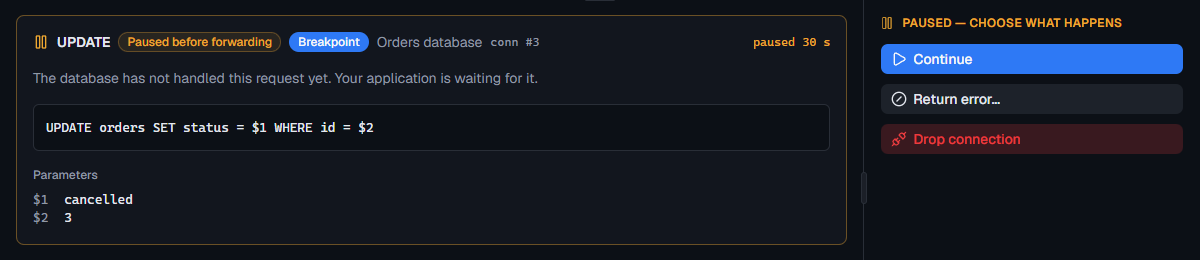 A paused UPDATE showing its SQL and parameters, beside Continue, Return error and Drop connection
