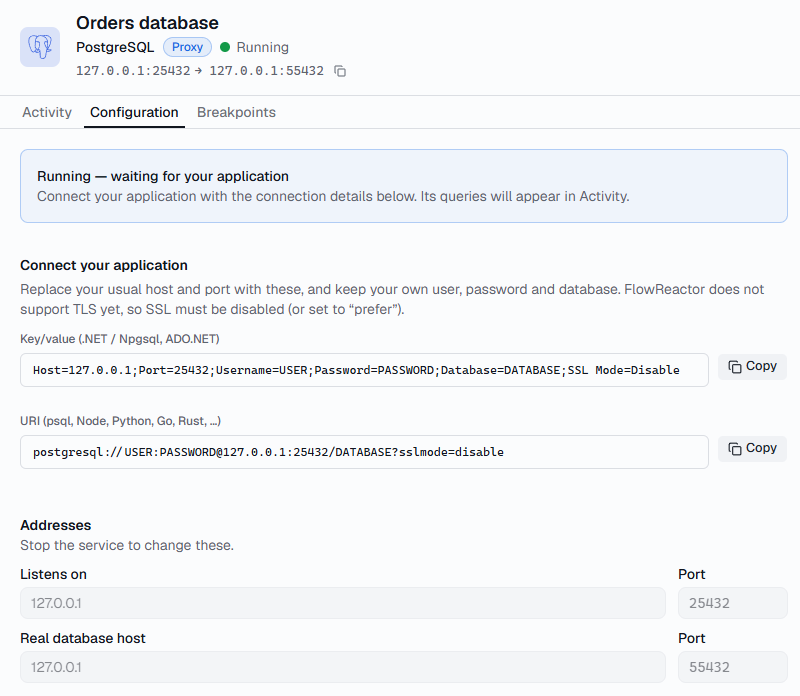 The PostgreSQL proxy Configuration tab with key/value and URI connection strings and the proxy addresses