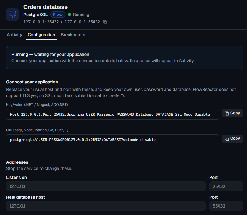 The PostgreSQL proxy Configuration tab with key/value and URI connection strings and the proxy addresses