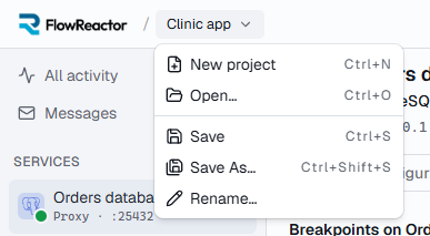 The project menu open under the project name, with New project, Open, Save, Save As and Rename and their shortcuts