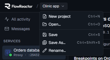 The project menu open under the project name, with New project, Open, Save, Save As and Rename and their shortcuts