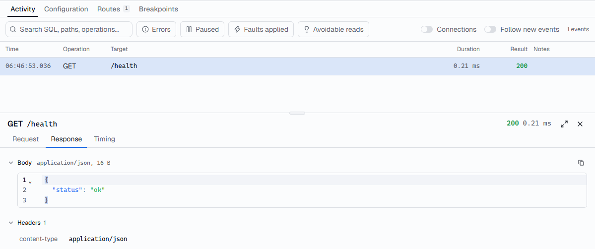 The HTTP Api Activity tab showing a response