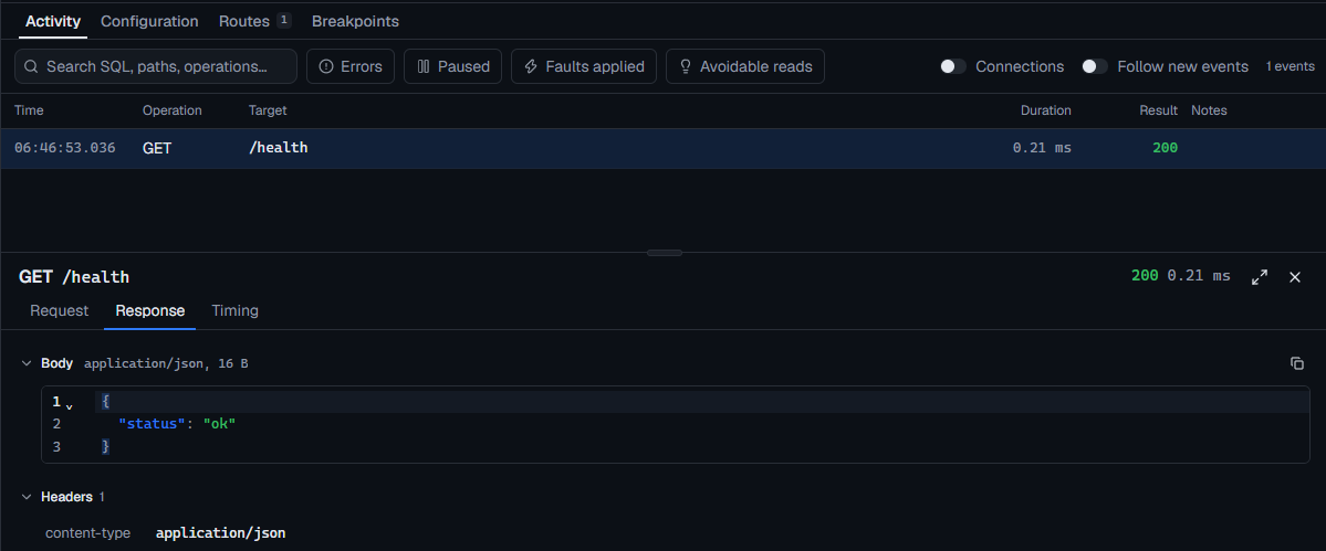 The HTTP Api Activity tab showing a response