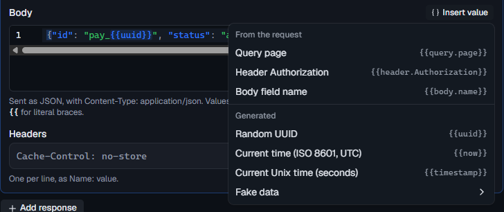 The Insert value menu above a response body, with request values, generated values and Fake data
