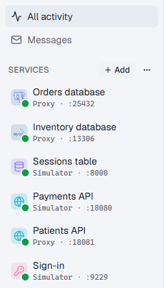 The Services sidebar with six running services: two database proxies, an HTTP proxy and three simulators
