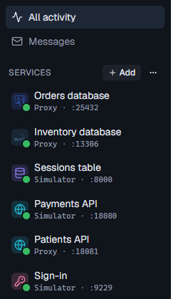 The Services sidebar with six running services: two database proxies, an HTTP proxy and three simulators