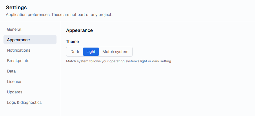 Settings with Appearance selected and the Theme set to Light