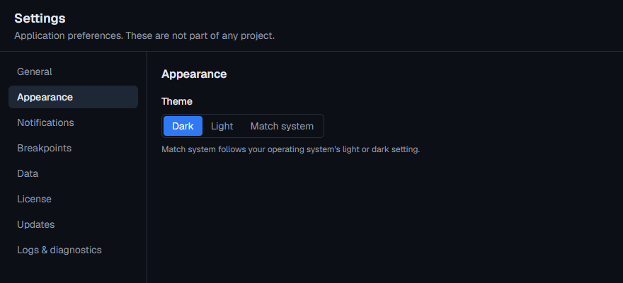 Settings with Appearance selected and the Theme set to Light